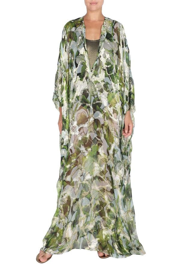 Marie France Van Damme Silk Chiffon Oversized Boubou Caftan Green Gold Flower