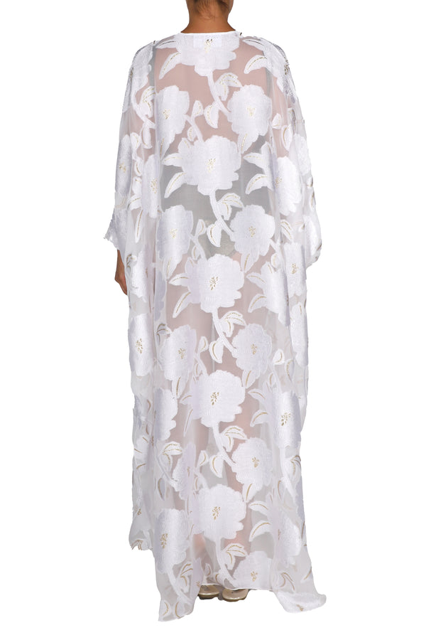 Marie France Van Damme Silk Chiffon Oversized Boubou Caftan White Gold