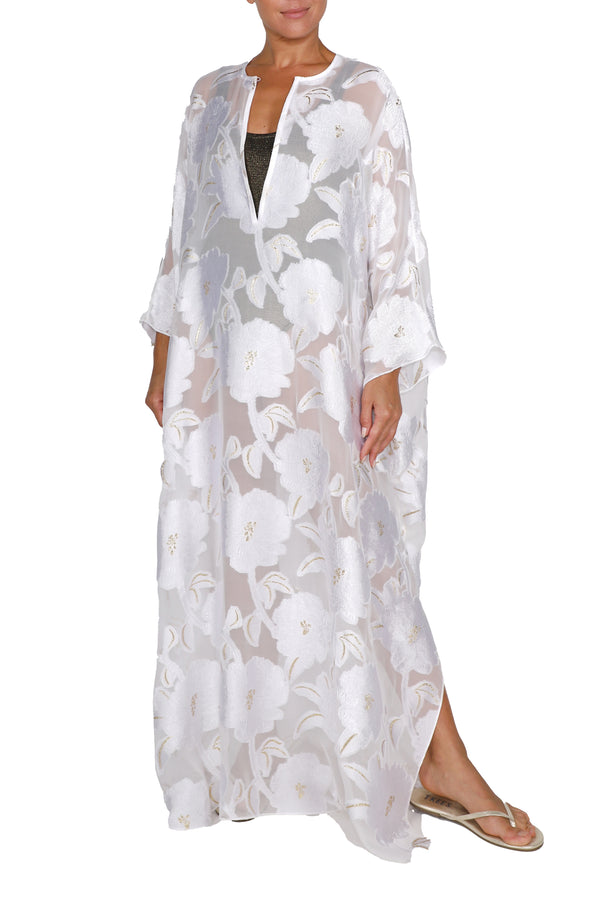Marie France Van Damme Silk Chiffon Oversized Boubou Caftan White Gold