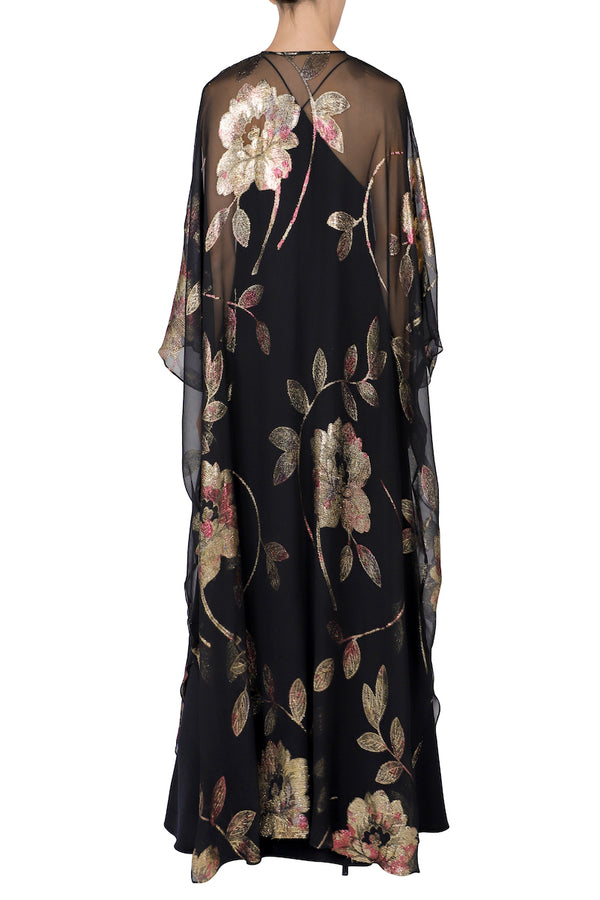Marie France Van Damme Silk Chiffon Rose Oversized Boubou Caftan Black Gold Rose