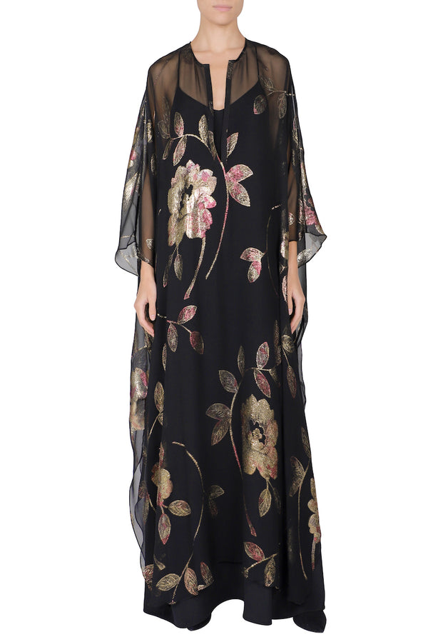 Marie France Van Damme Silk Chiffon Rose Oversized Boubou Caftan Black Gold Rose