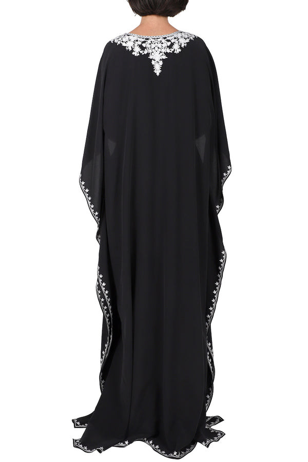 Marie France Van Damme Silk Crepe De Chine Embroidered Boubou Caftan Black White