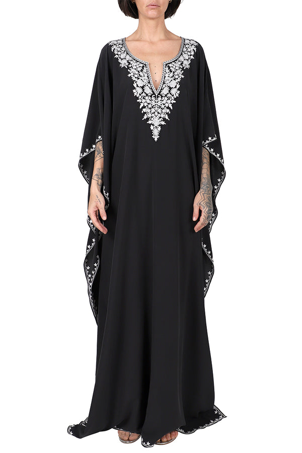 Marie France Van Damme Silk Crepe de Chine Embroidered Boubou Caftan Black White