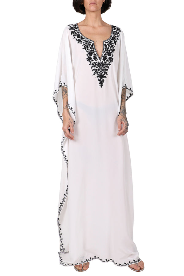 Marie France Van Damme Silk Crepe de Chine Embroidered Boubou Caftan White Black