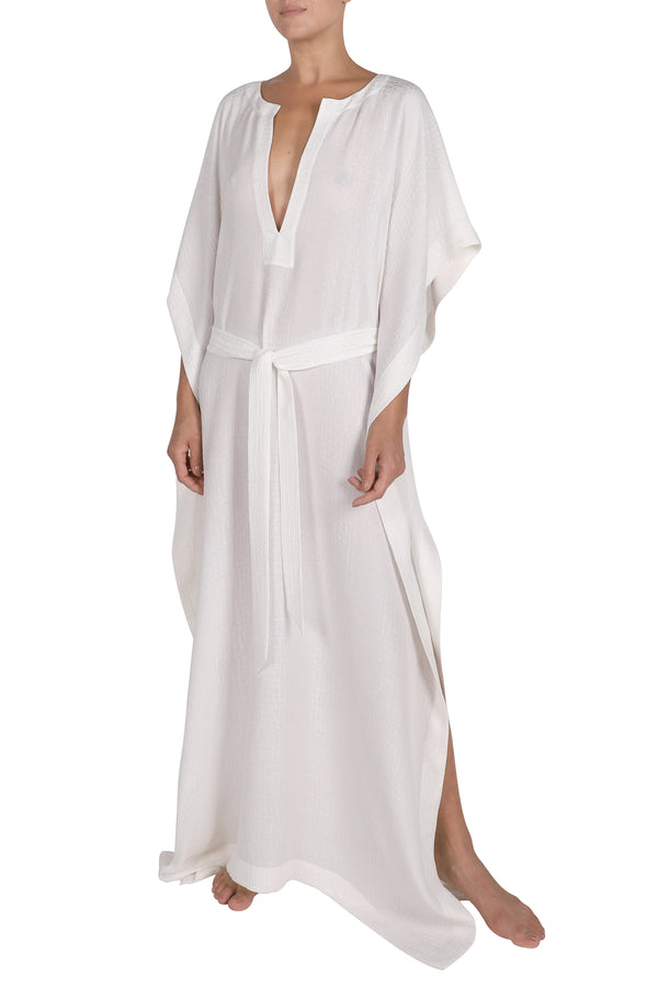 Marie France Van Damme Silk Croco Boubou Caftan with Belt White