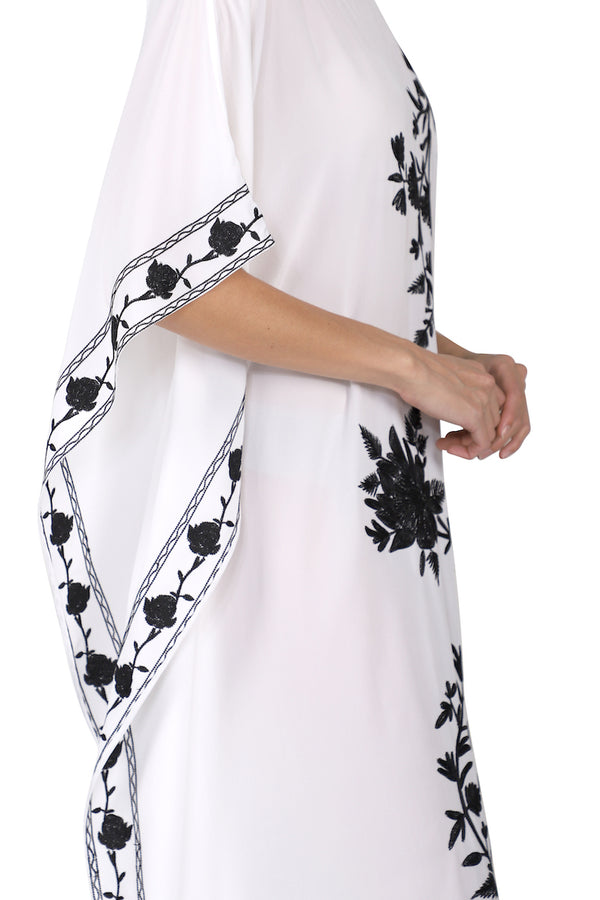 Marie France Van Damme Silk Floral Embroidery Boubou Caftan White Black