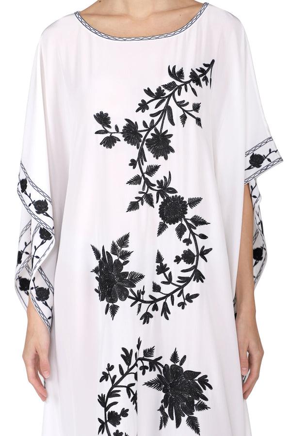 Marie France Van Damme Silk Floral Embroidery Boubou Caftan White Black