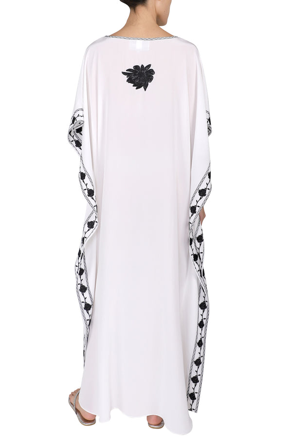 Marie France Van Damme Silk Floral Embroidery Boubou Caftan White Black