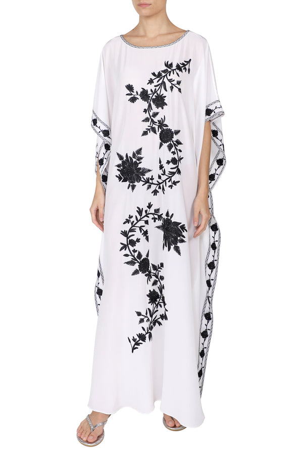 Marie France Van Damme Silk Floral Embroidery Boubou Caftan White Black
