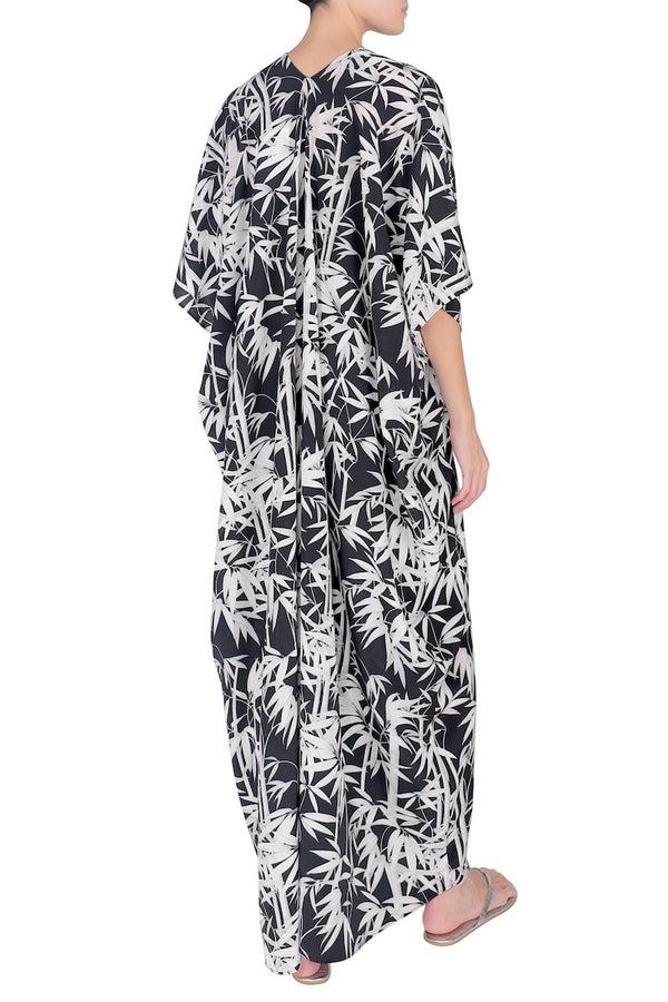 Marie France Van Damme Silk Printed Bamboo Boubou Caftan Black White Bamboo