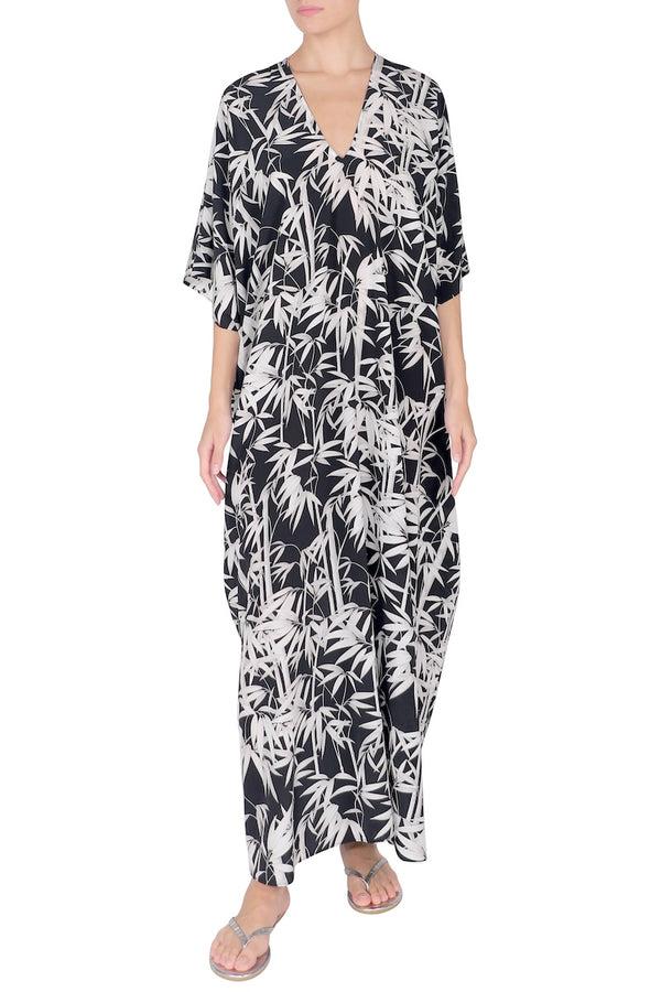 Marie France Van Damme Silk Printed Bamboo Boubou Caftan Black White Bamboo