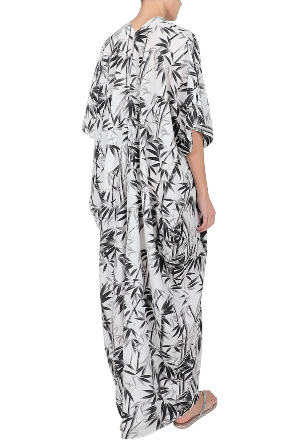 Marie France Van Damme Silk Printed Bamboo Boubou Caftan White Black Bamboo