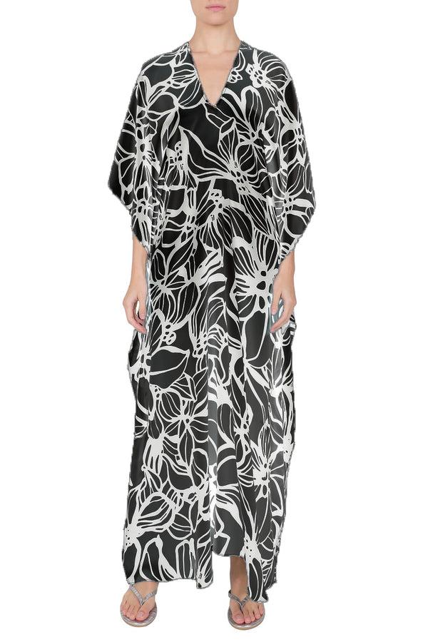 Marie France Van Damme Silk Satin Hibiscus Boubou Caftan Hibiscus Black White