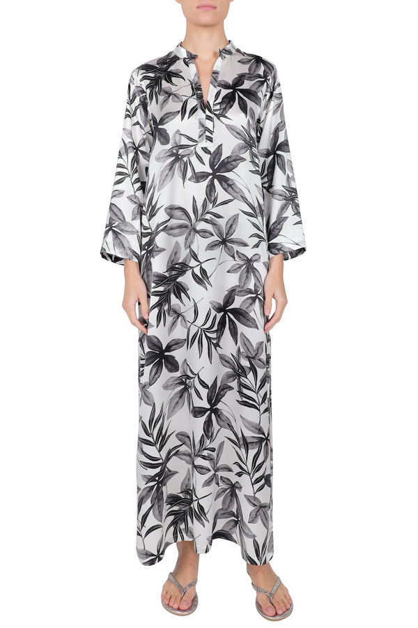 Marie France Van Damme Silk Satin Mao Collar Dress Pikake Flower