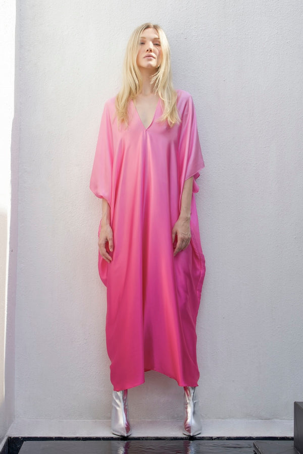Marie France Van Damme Silk Satin Ombre Boubou Caftan Fuchsia Ombre