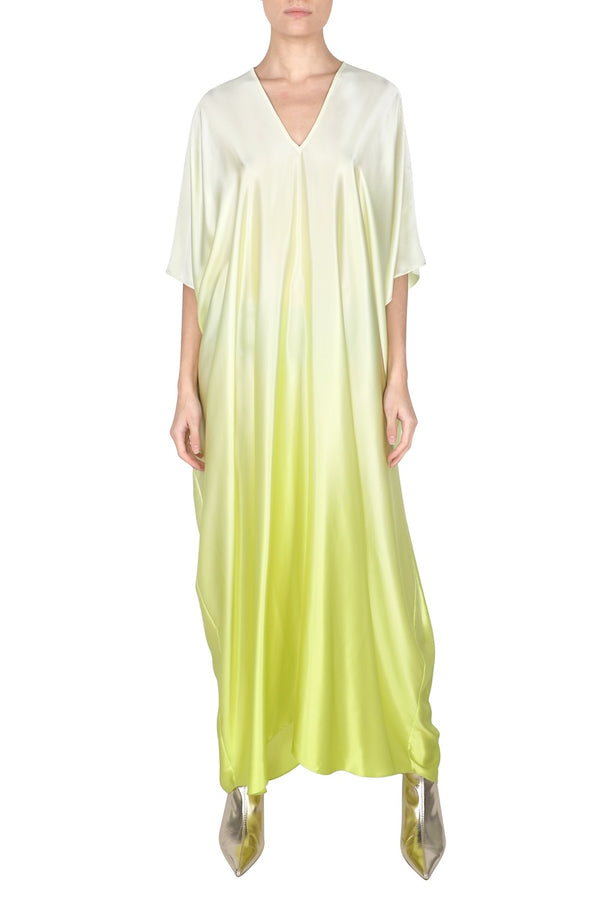 Marie France Van Damme Silk Satin Ombre Boubou Caftan Lime Ombre