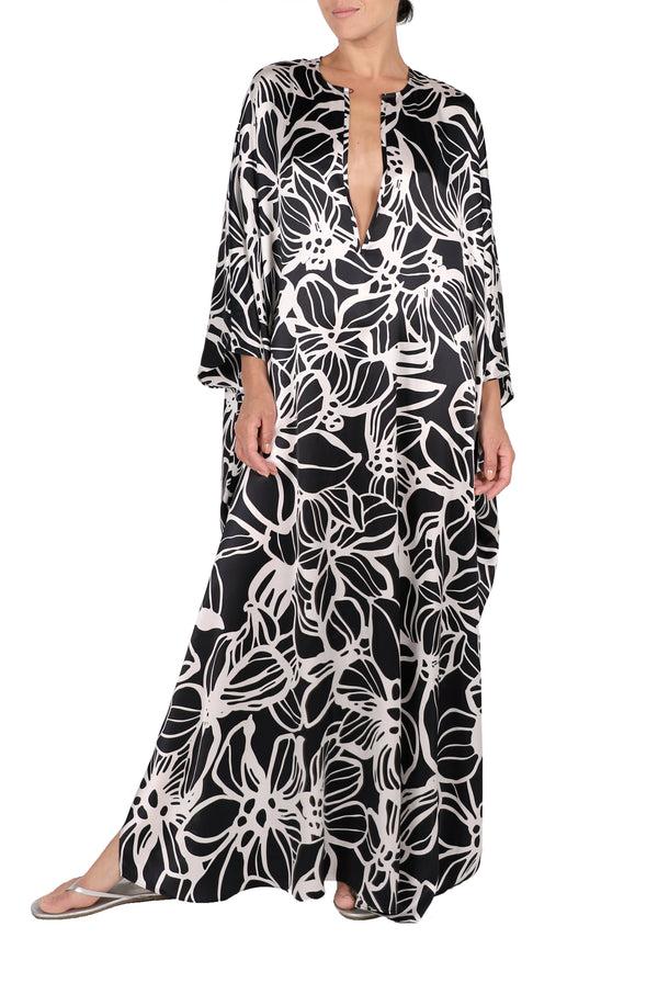 Marie France Van Damme Silk Satin Oversized Boubou Caftan Hibiscus Black White