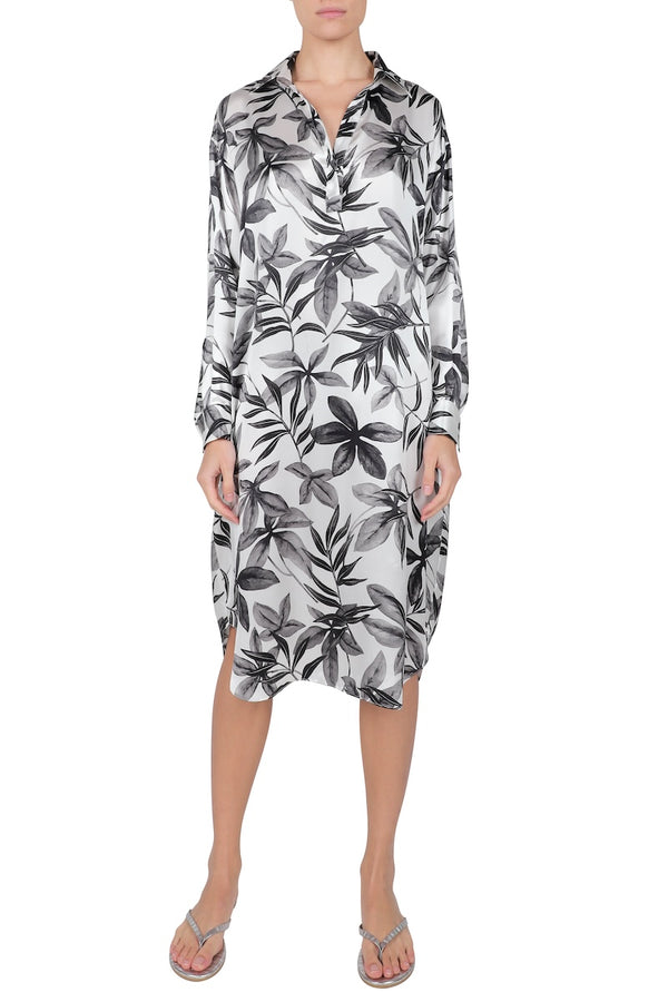 Marie France Van Damme Silk Satin Polo Dress Pikake Flower