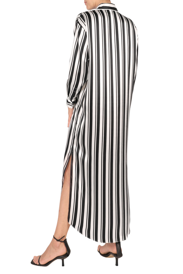 Marie France Van Damme Silk Satin Stripes Button Down Dress White Black Stripes