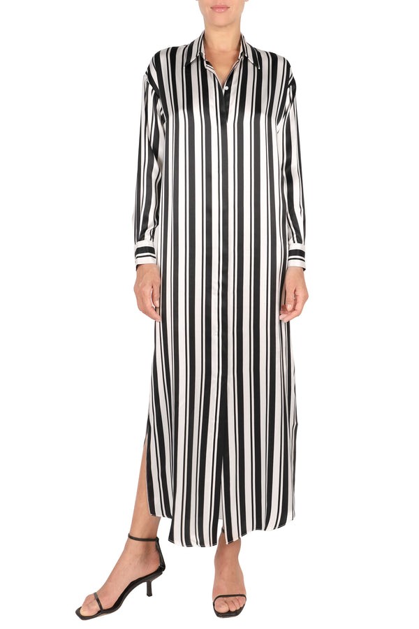 Marie France Van Damme Silk Satin Stripes Button Down Dress White Black Stripes