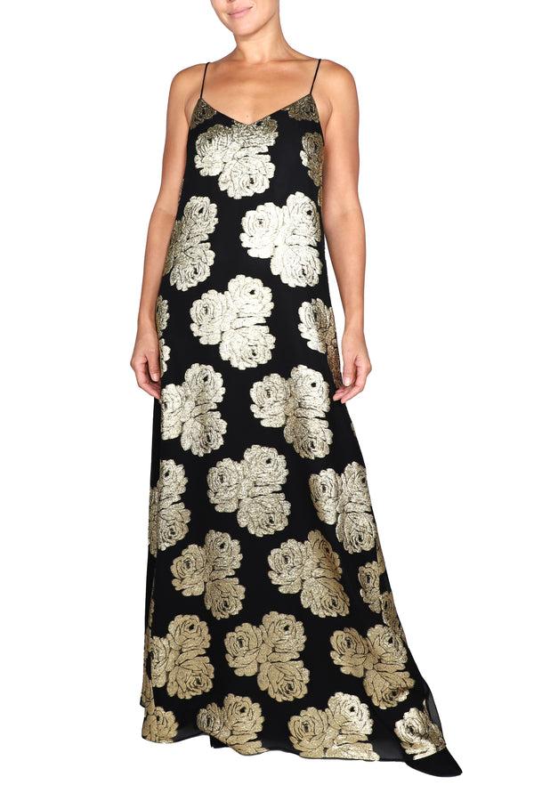 Marie France Van Damme Three Roses Racer Back Dress Black Gold