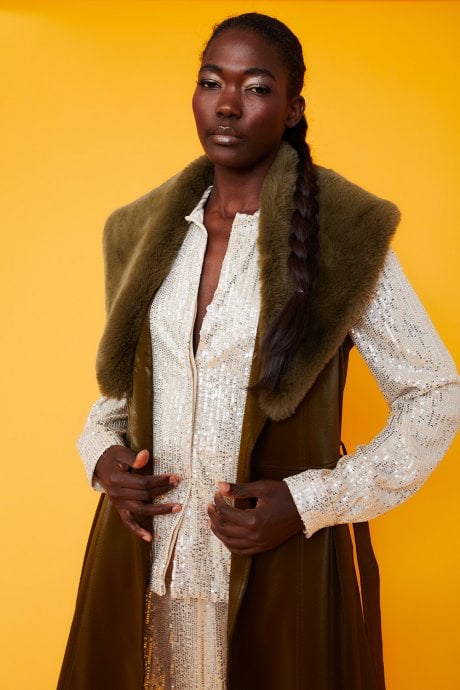 Banana Peel Midi Gilet | Waistcoat Faux Fur Collar