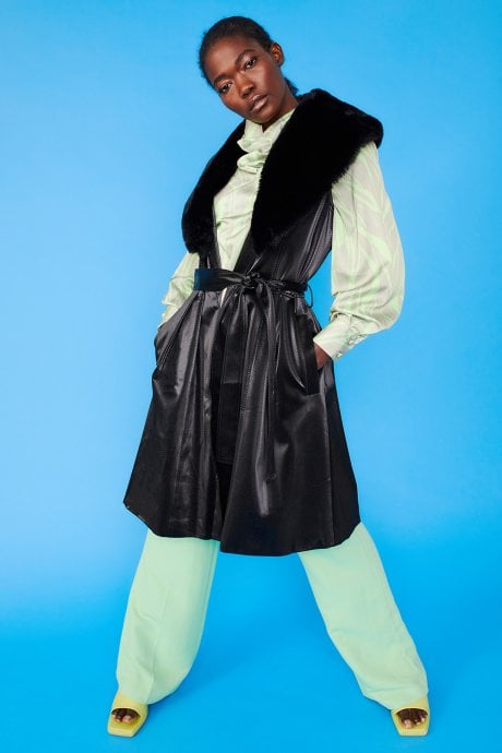 Banana Peel Midi Gilet | Waistcoat Faux Fur Collar