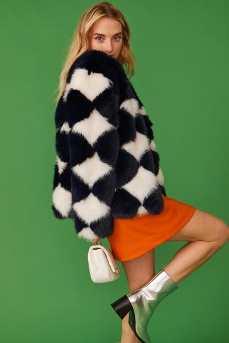 Black And Cream Diamond Faux Fur Coat