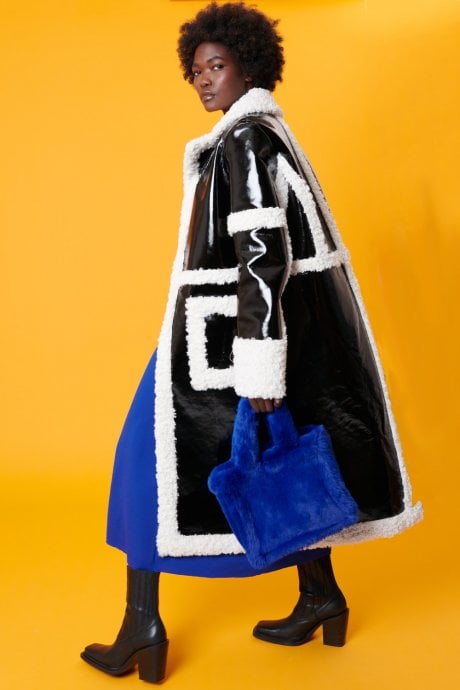 Black And White Midi Aviator Jacket In Faux Leather And Faux Fur