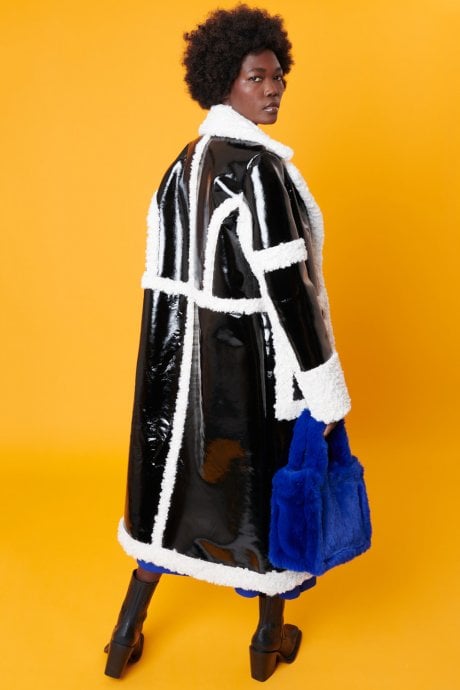 Black And White Midi Aviator Jacket In Faux Leather And Faux Fur