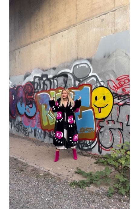 Black Hand Crafted Roses Bamboo Eco Faux Fur Love Coat