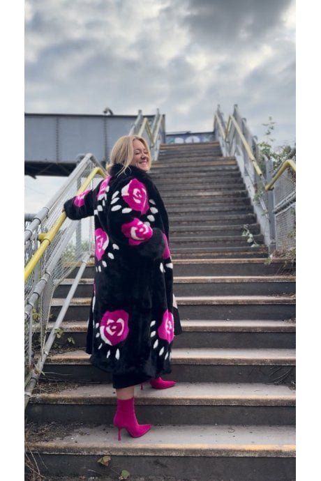 Black Hand Crafted Roses Bamboo Eco Faux Fur Love Coat