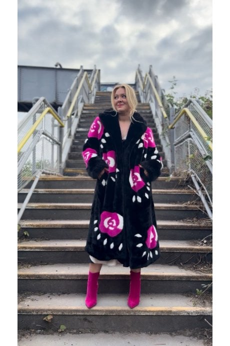 Black Hand Crafted Roses Bamboo Eco Faux Fur Love Coat