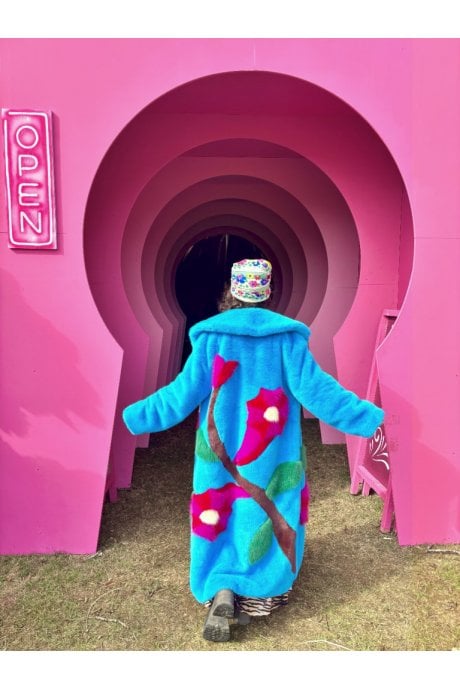 Blue Hand Made Flower Bamboo Faux Fur Coat