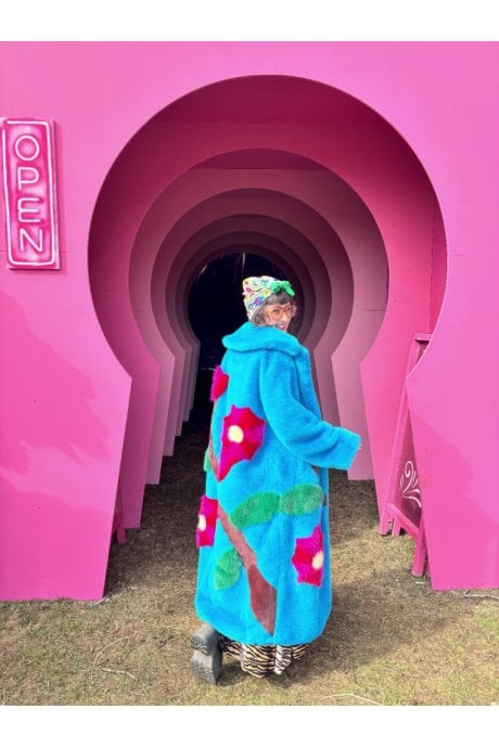 Blue Hand Made Flower Bamboo Faux Fur Coat