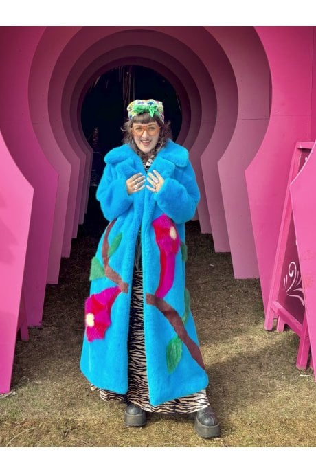 Blue Hand Made Flower Bamboo Faux Fur Coat