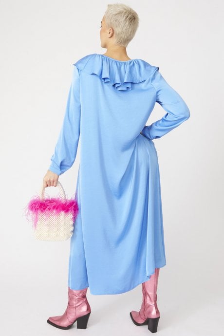 Blue Ruffle Maxi Shift Dress