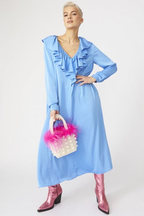 Blue Ruffle Maxi Shift Dress