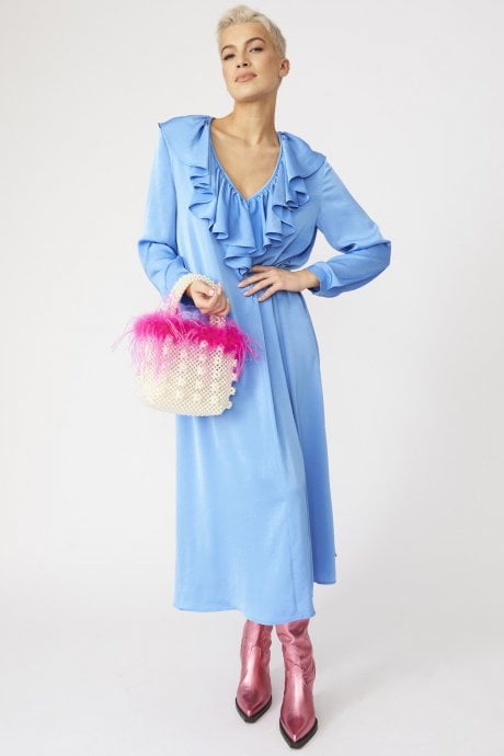 Blue Ruffle Maxi Shift Dress