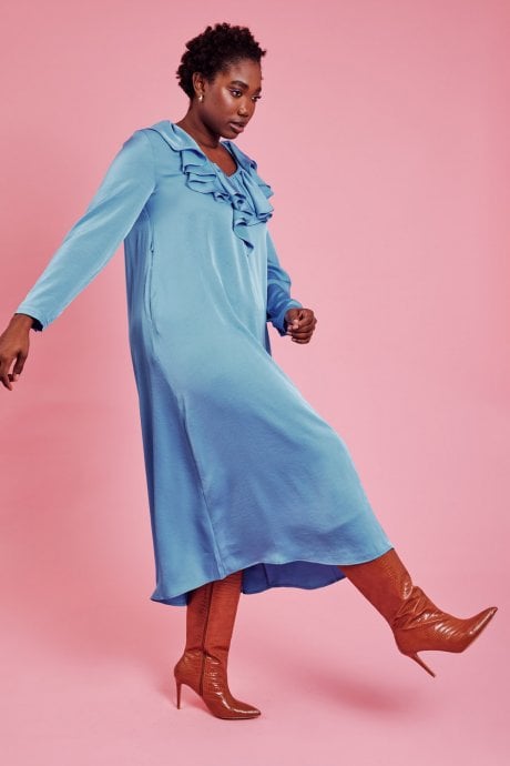 Blue Ruffle Maxi Shift Dress