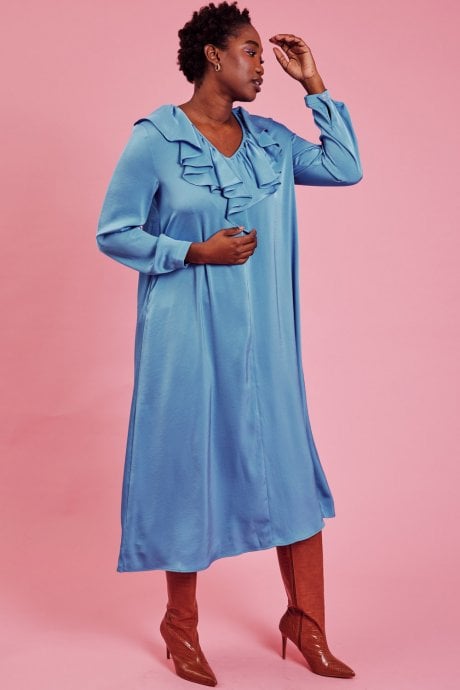 Blue Ruffle Maxi Shift Dress
