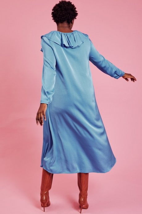 Blue Ruffle Maxi Shift Dress