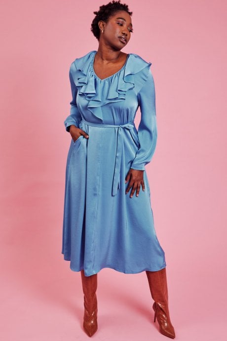 Blue Ruffle Maxi Shift Dress