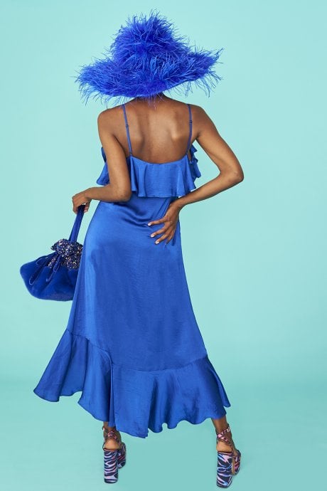 Blue Silk Blend Maxi Ruffle Dress