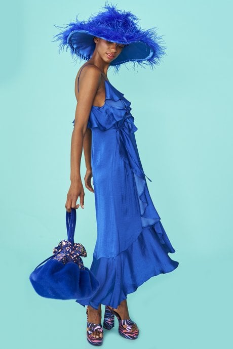 Blue Silk Blend Maxi Ruffle Dress