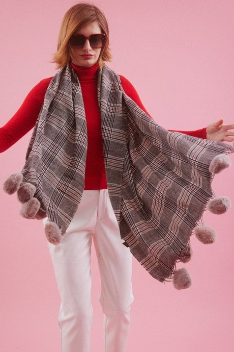 Cashmere Blend Check Wrap With Faux Fur Pom Pom
