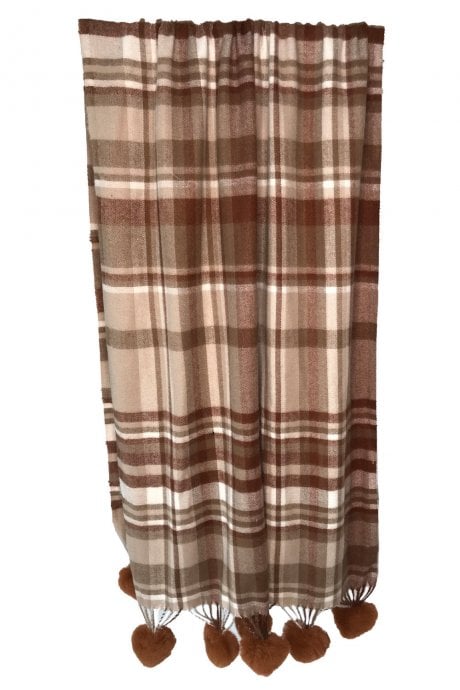 Cashmere Blend Check Wrap With Faux Fur Pom Poms