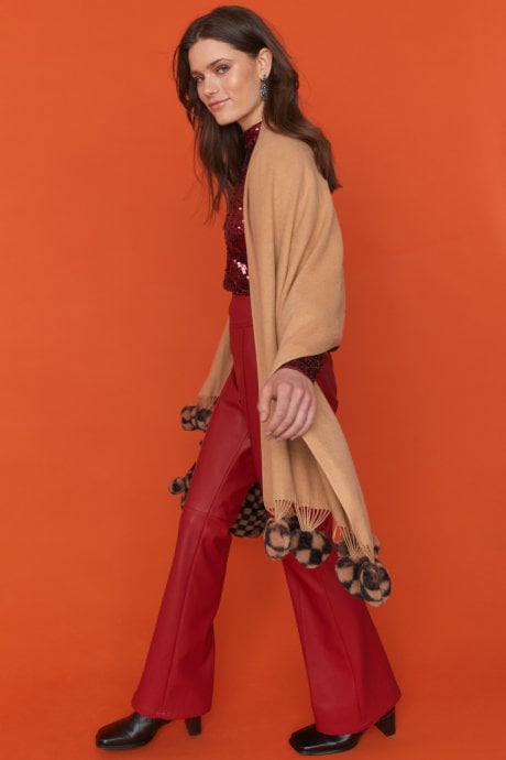 Cashmere Blend Wrap With Mocha Checkered Heart Poms