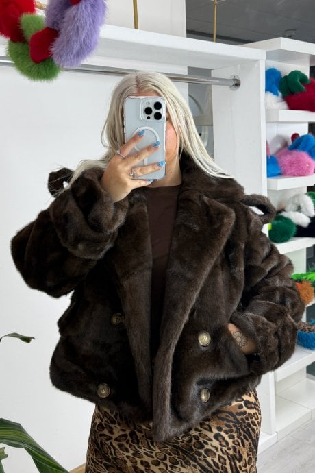 Chocolate Brown Bamboo Blend Faux Mink Short Trench Coat