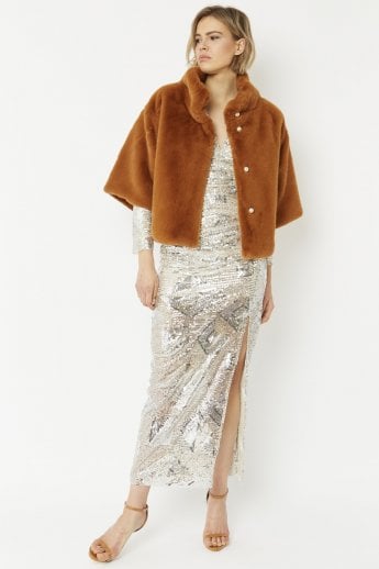 Chocolate Faux Fur Jacket With Pearls